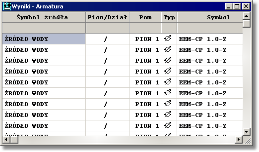 Kan H2O 1.5 Tabela z wynikami obliczeń armatury (bez armatury czerpalnej) Każdy wiersz w tabeli dotyczy jednego elementu armatury.