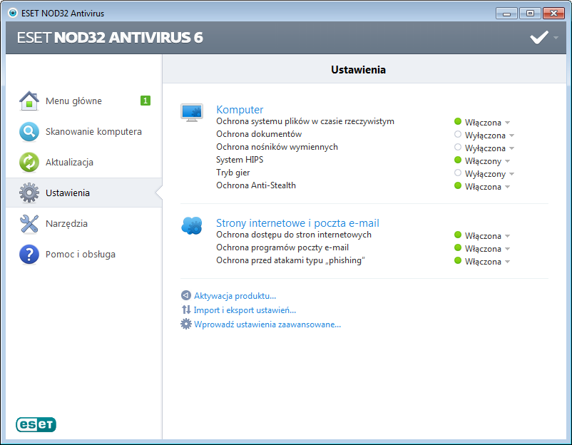 4. Praca z programem ESET NOD32 Antivirus Korzystając z ustawień programu ESET NOD32 Antivirus, można skonfigurować odpowiedni poziom ochrony komputera.
