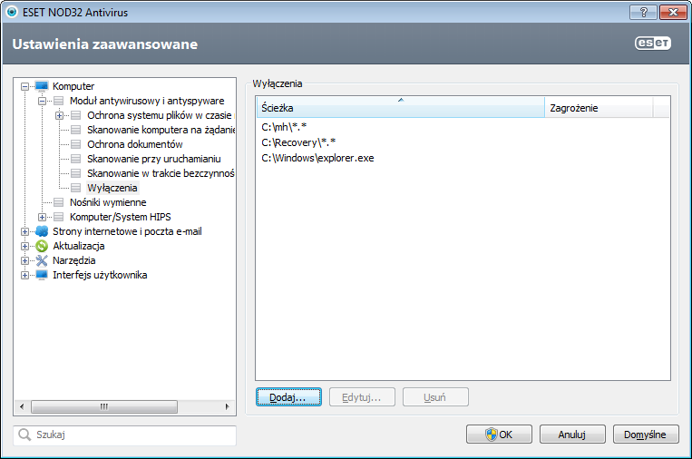 4.1.1.5 Wyłączenia Wyłączenia pozwalają wykluczyć ze skanowania wybrane pliki i foldery.