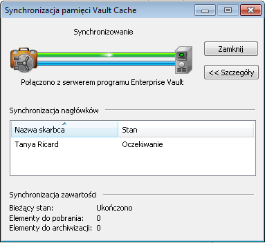 44 Zarządzanie archiwizacją w programie Enterprise Vault Synchronizowanie pamięci Vault Cache Synchronizować pamięć Vault Cache z dodatkowymi skarbcami, do których ma się dostęp.