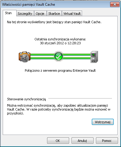 Zarządzanie archiwizacją w programie Enterprise Vault Synchronizowanie pamięci Vault Cache 45 Aby wstrzymać lub wznowić synchronizację: 1 Kliknij kartę Plik, a następnie kliknij pozycję Enterprise