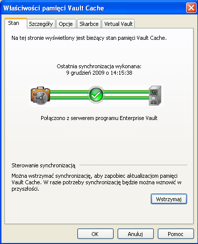 Zarządzanie archiwizacją w programie Enterprise Vault Synchronizowanie pamięci Vault Cache 39 Aby wstrzymać lub wznowić synchronizację: 1 W menu Narzędzia kliknij polecenia EnterpriseVault >