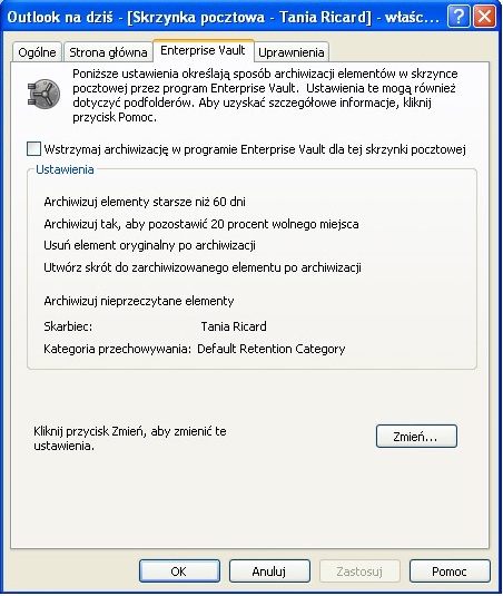 42 Zarządzanie archiwizacją w programie Enterprise Vault Ustawianie właściwości programu Enterprise Vault dotyczących skrzynki pocztowej lub folderu Ustawianie właściwości programu Enterprise Vault