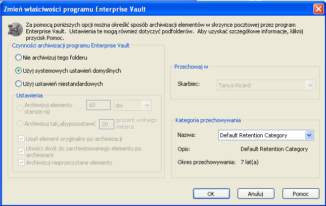 Zarządzanie archiwizacją w programie Enterprise Vault Ustawianie właściwości programu Enterprise Vault dotyczących elementu 43 3 Kliknij przycisk Zmień.