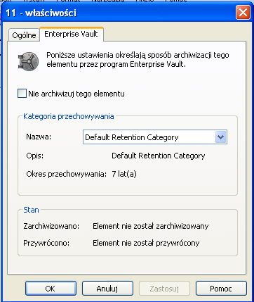 44 Zarządzanie archiwizacją w programie Enterprise Vault Wstrzymywanie lub włączanie archiwizacji skrzynki pocztowej W przypadku korzystania z programu Outlook 2003: W menu Plik elementu kliknij