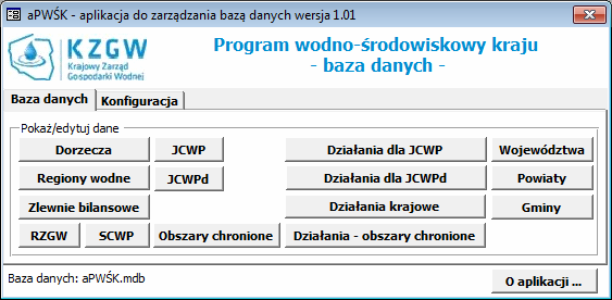 Baza danych Programy działań dla JCW przedstawione są w formie bazy danych mdb programu MsAccess, obsługiwanej przez dedykowaną aplikację.