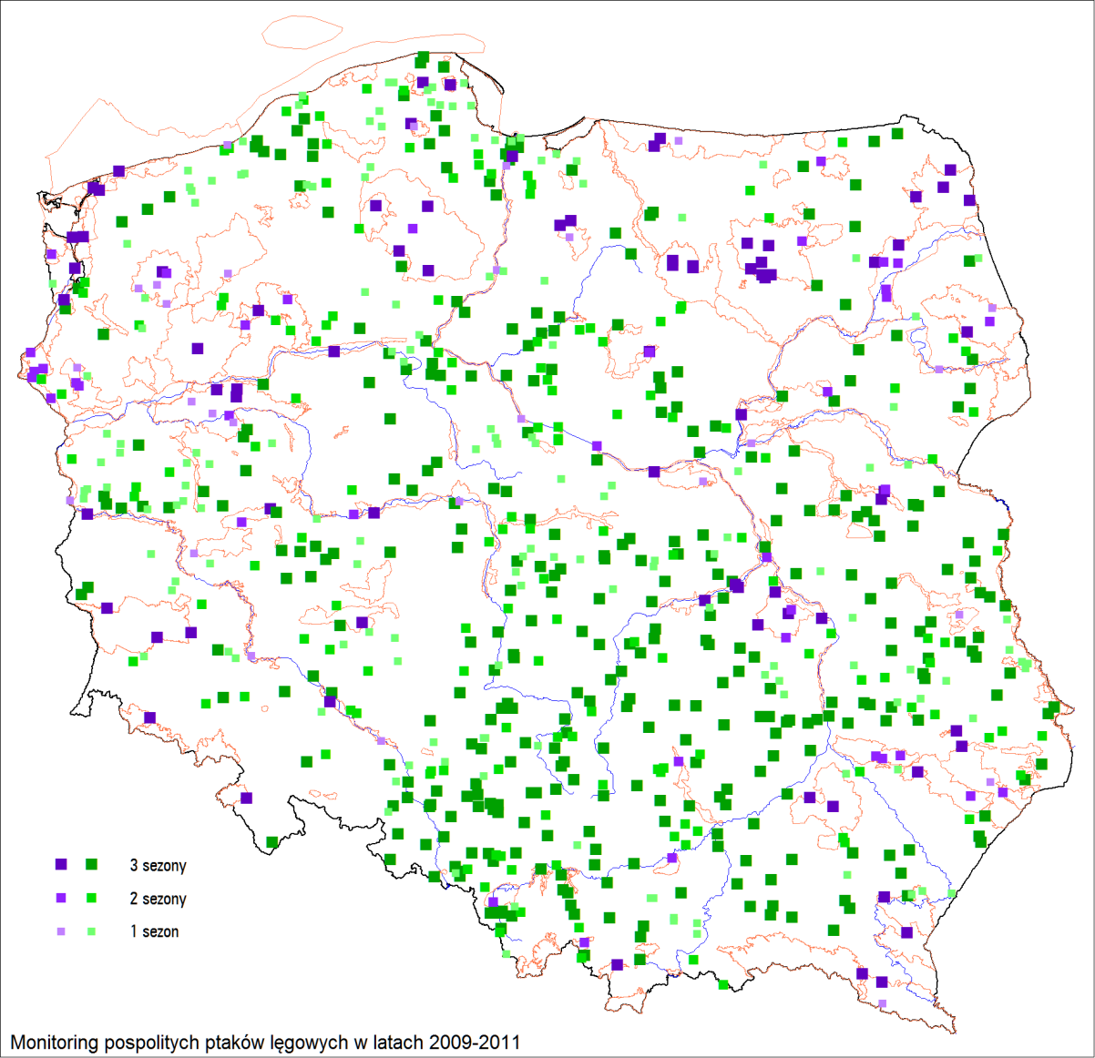 Rycina B.2. Rozmieszczenie powierzchni próbnych skontrolowanych w latach 29-2 w ramach MPPL. Wyróżniono powierzchnie w obszarach OSOP Natura 2 (kolor fioletowy, N=), oraz poza nimi (kolor zielony) B.