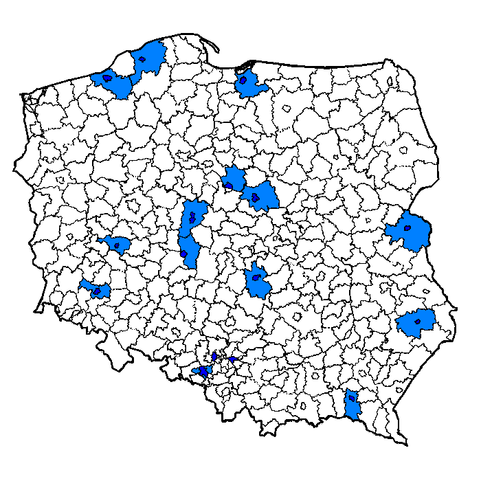 Na podstawie przywołanych kryteriów wybrano czternaście podmiotów, stanowiących aglomeracje w wąskim ujęciu 1 : 1. bialska, 2. elbląska, 3. kaliska, 4. konińska, 5. koszalińska, 6. krośnieńska, 7.