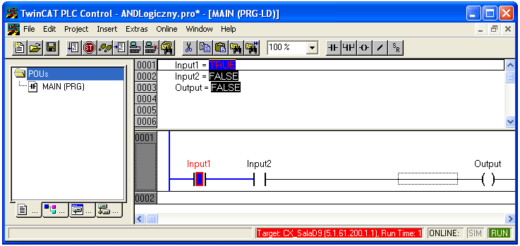 Zmiennej Input1 nadano wartość TRUE Aby sprawdzić działanie powyższego programu, wartości zmiennych Input1 i Input2 należy modyfikować zgodnie z tablicą prawdy dla koniunkcji logicznej i obserwować