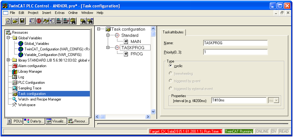 Program MAIN jest domyślnie przypisany do zadania STANDARD. Ady dodać zadanie dla programu PROG należy wybrać z menu kontekstowego prawego klawisza myszy dla Task configuration opcję Append Task.