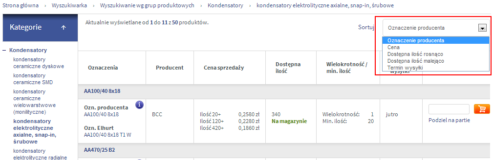Oprócz standardowych filtrów (Producent, Cena, Termin wysyłki, Dostępna ilość) każda podgrupa produktów w katalogu ma własne indywidualnie zdefiniowane filtry, które mają za zadanie ułatwić