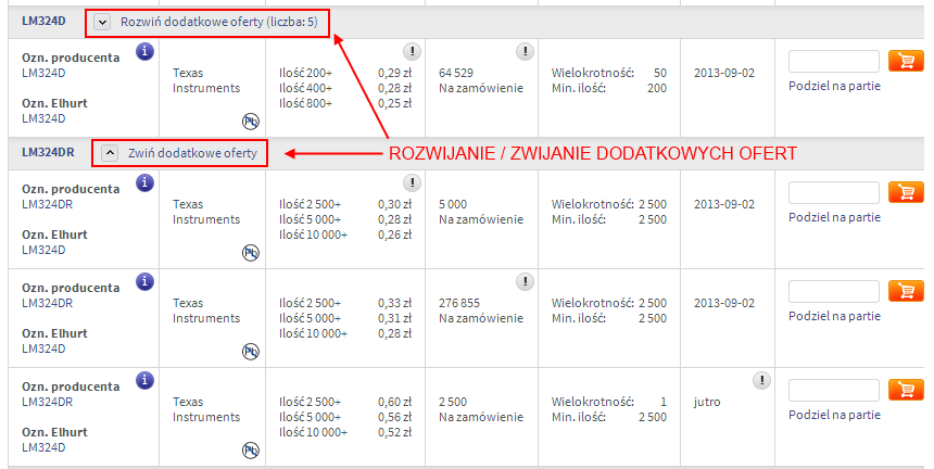 Rozwijanie/zwijanie dodatkowych ofert: Ze względu na bardzo szeroką ofertę produktów firma Elhurt zdecydowała pokazywać najbardziej atrakcyjne oferty dla danego produktu wg. oznaczenia producenta.