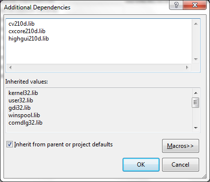 Rysunek 4 Okno właściwości projektu W pozycji Linker->Input->Additional Dependencies dodajemy 'cv210d.lib;