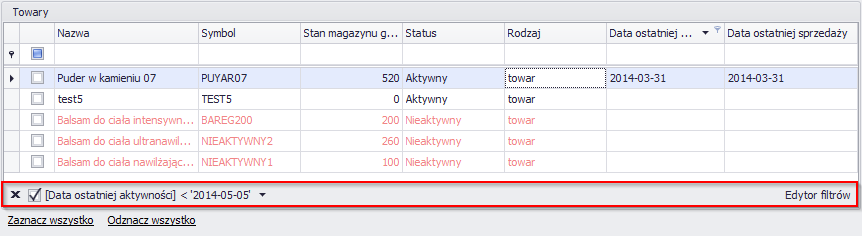 Przy wyborze daty pomocna może być strzałeczka obok rozwijalnej listy, za pomocą której możemy rozwinąć kalendarz: Po potwierdzeniu przyciskiem OK poniżej tabeli pojawi się utworzony przez nas filtr.