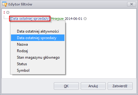 Z poziomu edytora możemy dodawać wiele filtrów dla wszystkich kolumn korzystając z różnych warunków.