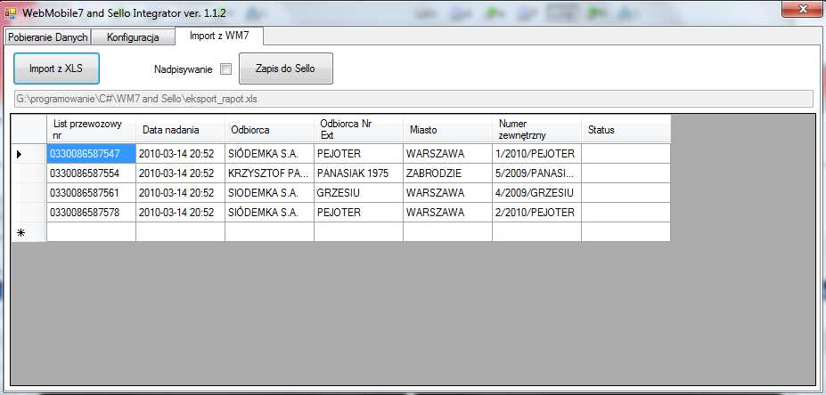 Aby wprowadzić numery nadawcze do przesyłek klikamy przycisk Zapis do Sello w kolumnie Status zostanie wyświetlony status operacji.