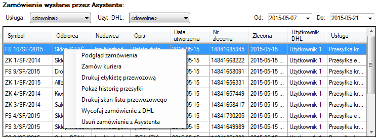 kontekstowego z dodatkowymi opcjami dostępnymi dla danej przesyłki. Lista dostępnych opcji może być różna w zależności od statusu i typu danego zamówienia.