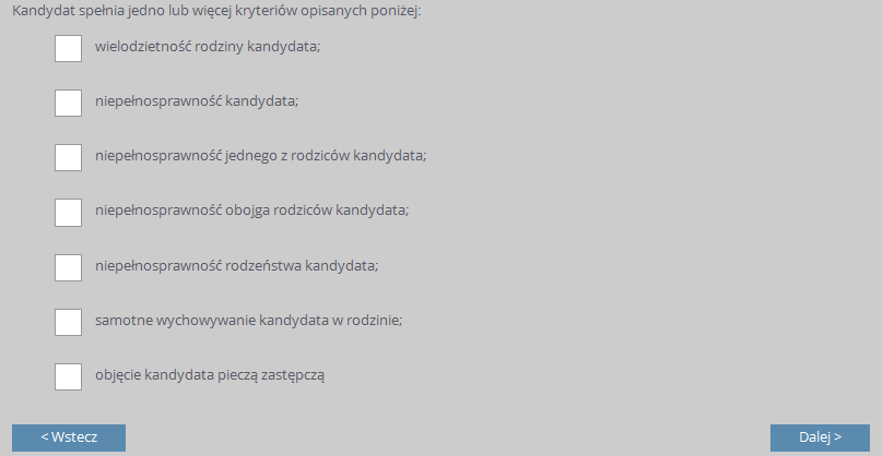 Rejestracja kandydata Jeśli kandydat posiada orzeczenie o procesie kształcenia specjalnego lub ma problemy zdrowotne należy uzupełnić odpowiednie pola w sekcji Dodatkowe informacje.