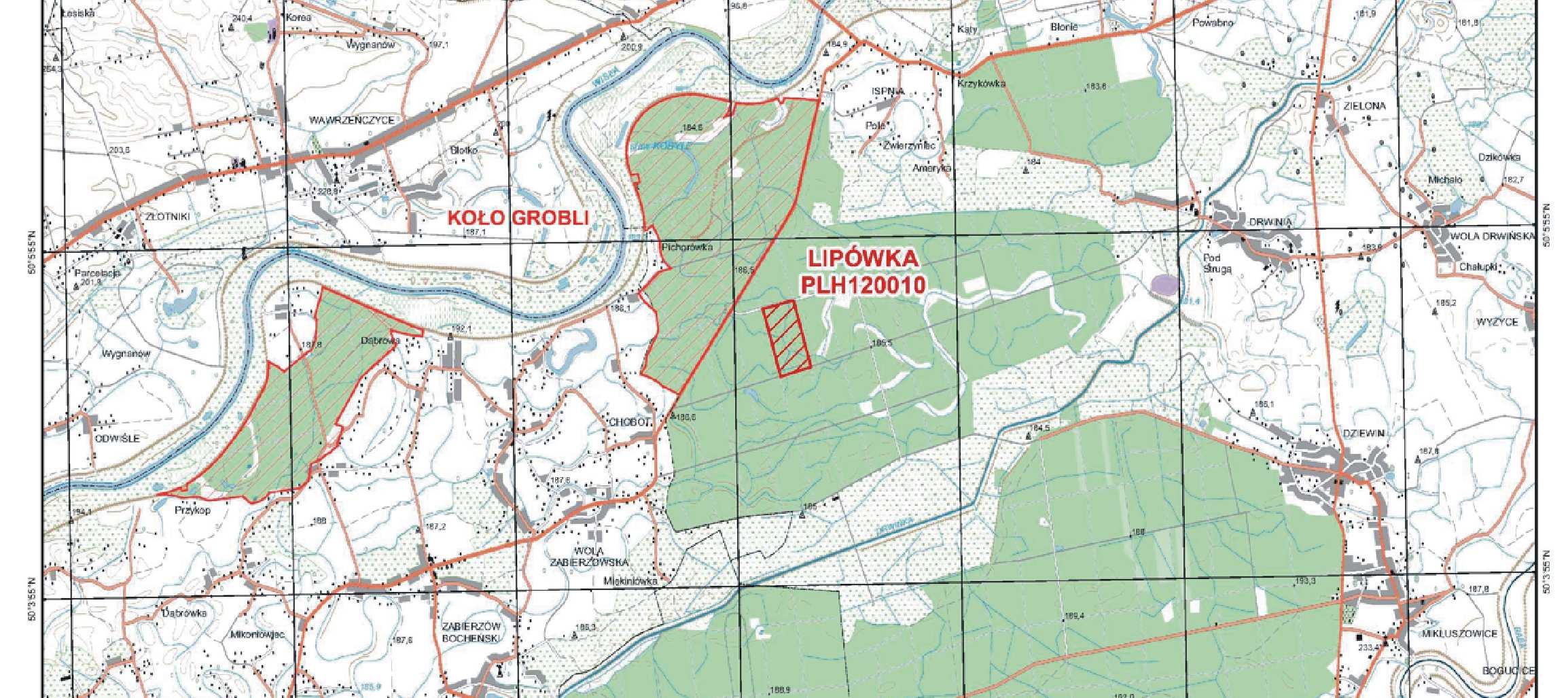 Koło Grobli (PLH120008) to obszar o powierzchni 699,6 ha obejmujący dwa kompleksy leśne: Uroczysko Koło i Uroczysko Grobla, w tym równieŝ rezerwat Wiślisko Kobyle i Koło, połoŝone w dolinie Wisły i w