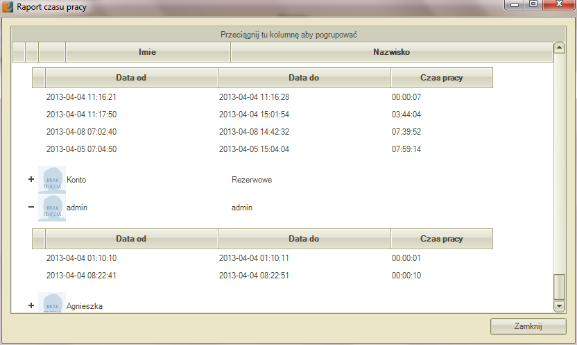 Raport czasu pracy - w raporcie wykazywany jest czas pracy w aplikacji przez poszczególnych pracowników. 1.
