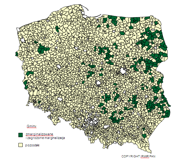 RAPORT POLSKA 2011 Mapa 20. Gminy zmarginalizowane i zagrożone marginalizacją (w 2004 r.) Źródło: Rosner A. (red.), Heffner K., Stanny M.
