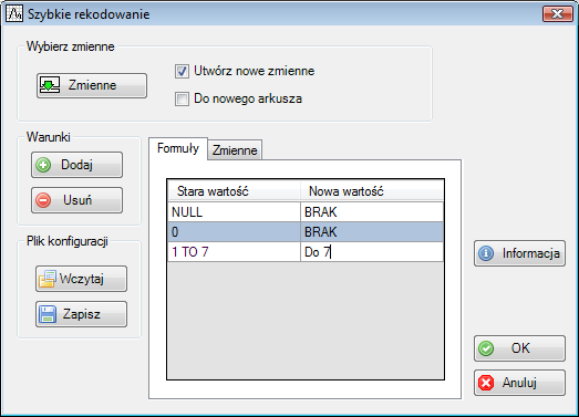 Zmienne sztuczne Moduł umożliwia zamianę cech jakościowych na odpowiadające im zmienne sztuczne.