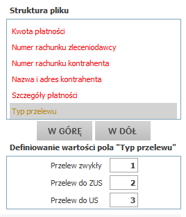 Definiowanie formatu pola specyficzne dla ZUS i US Aby format mógł być wykorzystany do zlecania przelewów do ZUS / US należy w formacie wykorzystać pole Typ przelewu.