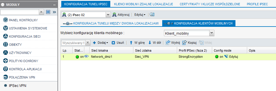 Ustawienia Tunel (faza 2) w zakładce Tunel należy określić do jakich sieci będzie się można łączyć w ramach tunelu oraz jakie algorytmy będą wykorzystywane do tego połączenia.