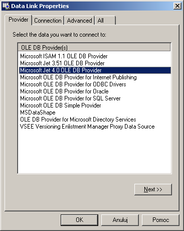 Pojawi się okno Data Link Properties, rys. 8, w którym należy wybrać Provider. Rys. 8. Wybór właściwego dostawcy. 4.