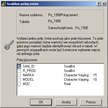 Rys. 13. Określenie nazwy Nowego szablonu połączenia. Pojawi się okno dialogowe Szablon połączenia, w którym zaznaczamy kratkę przy Sam_ID i klikamy OK., rys. 14.