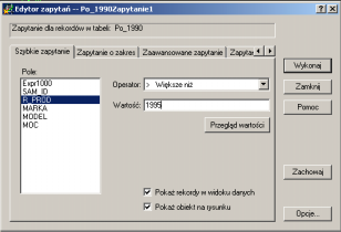 Ćwiczenie tworzenia zapytań do bazy budowanych z programu AutoCad'a Pragniemy sprawdzić ile samochodów wyprodukowanych po 1995 roku i jakich marek, znajdują się w bazie.