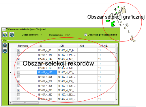 Selekcjonowanie rekordów w sekcji [Obszar selekcji rekordów] skutkuje zmianami selekcji na mapie.