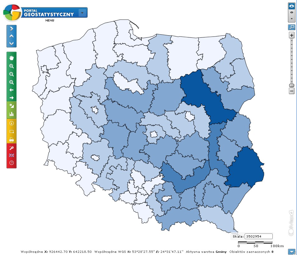 Kartogram i kartodiagram Kartogram Metoda pozwalająca na prezentację danych względnych (wskaźników) w określonych