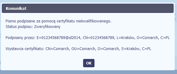 4.3.3. Weryfikacja podpisu wniosku Możesz uzyskad potwierdzenie podpisu elektronicznego, poprzez wybór w bloku podglądu pisma funkcji Zweryfikuj podpis Gdy wybierzesz tę funkcje, aplikacja