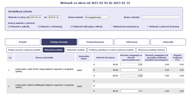 NAZWA WSKAŹNIKA system wyświetla w kolejnych wierszach nazwy wskaźników podanych w Twojej umowie/decyzji o dofinansowaniu. Pole jest nieedytowalne.