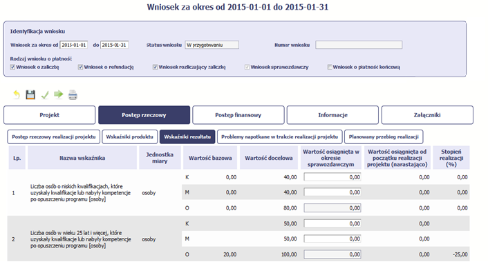 Jeśli realizujesz umowę współfinansowaną z Europejskiego Funduszu Społecznego, system przedstawi Ci tabelę z podziałem na płed, gdzie K oznacza kobiety, M oznacza mężczyzn oraz O oznacza ogółem