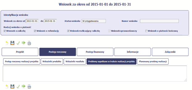 W tej części wniosku krótko opisz ewentualne problemy napotkane w trakcie realizacji projektu w okresie objętym danym wnioskiem o płatnośd.