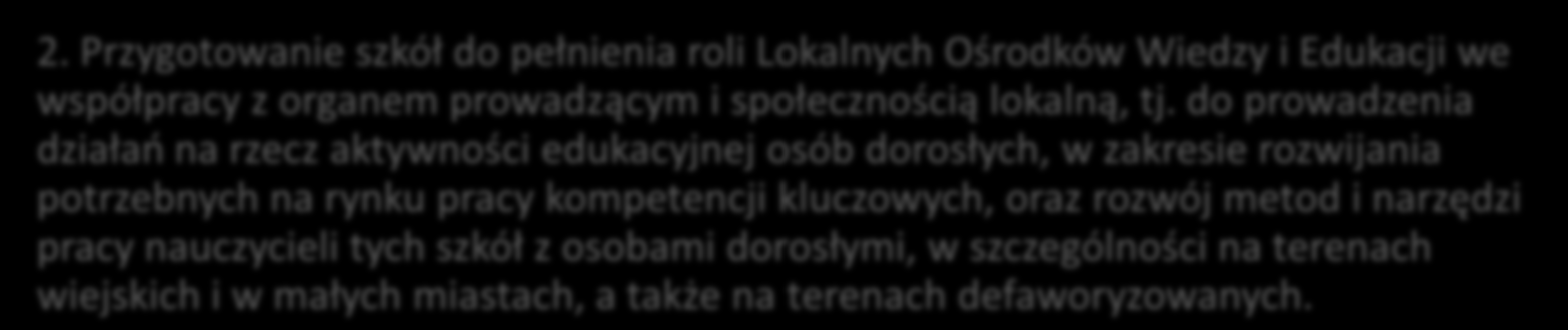 2.14. Rozwój narzędzi dla uczenia się przez całe życie 2. Przygotowanie szkół do pełnienia roli Lokalnych Ośrodków Wiedzy i Edukacji we współpracy z organem prowadzącym i społecznością lokalną, tj.