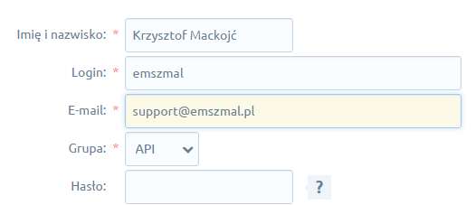 2. Dodanie administratora do nowo utworzonej grupy z dostępem do WebAPI. Login i hasło dla tego użytkownika musisz podać w konfiguracji pluginu autoksięgowania. 3.