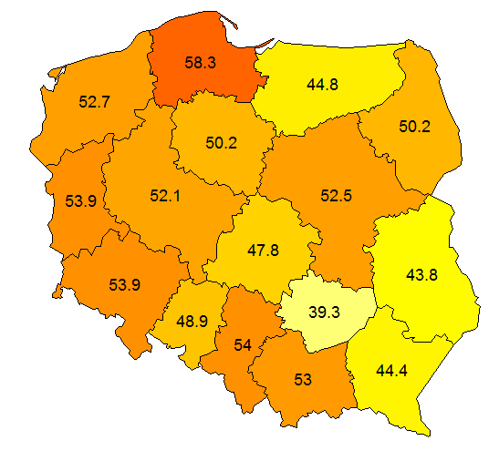 WSTĘP Korzystanie z Internetu w poszczególnych województwach w % Źródło: Raport: Diagnoza Społeczna 2009.
