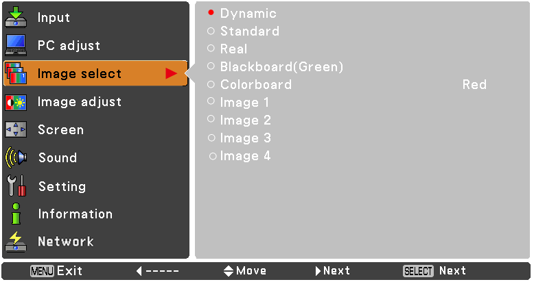 HDMI Sygnał wejściowy z komputera Wybór typu obrazu Bezpośrednio Aby wybrać żądany typ obrazu spośród opcji: Dynamiczny, Standardowy, Rzeczywisty, Tablica (zielona), Tablica (kolorowa), Obraz 1,