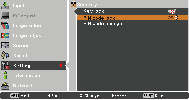 Ustawienia Zabezpieczenia (Blokada klawiatury i Blokada kodu PIN) Funkcja ta pozwala za pomocą blokady klawiatury i blokady projektora kodem PIN zabezpieczyć urządzenie przed użytkowaniem przez osoby