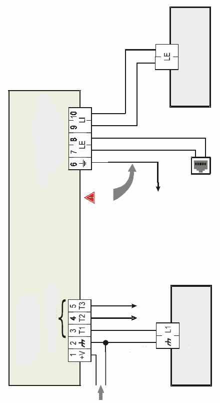 4. Podłączenie urządzenia W sekcji tej zostały opisane zaciski znajdujące się na listwie zaciskowej nadajnika. Rysunek nr 4 przedstawia diagram okablowania urządzenia. V+ (1) Dodatni zacisk zasilania.
