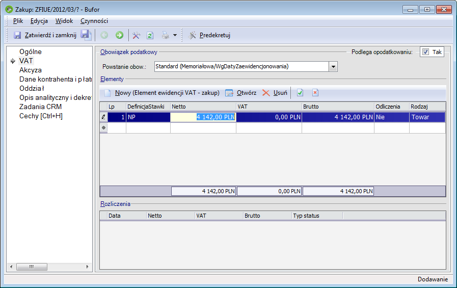 Następnie na zakładce VAT dodajemy Elementy VAT oraz ewentualnie Opis analityczny - kwoty na tych elementach zostaną przeliczone na PLN na podstawie wcześniej wprowadzonej płatności. Uwaga!