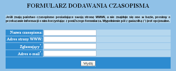 danych Katalog Mediów Polskich (obecnie już nieistniejąca), strony WWW wydawnictw publikujących czasopisma naukowe i fachowe: SIGMA-NOT 5, ELAMED 6, TERMEDIA 7, INFOR 8, Via Medica 9 i inne, listy