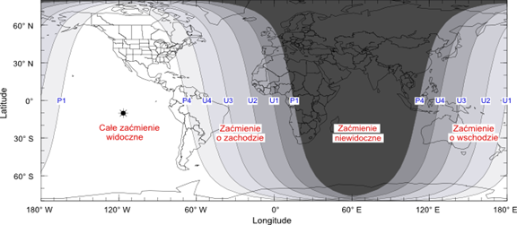 Rysunek 7: Mapa przedstawia obszar widoczności całkowitego zaćmienia księżyca 15 kwietnia 2014 roku. Na Rysunku 7 przedstawiono obszary widoczności zjawiska zaćmienia Księżyca w dniu 15 kwietnia 2014.