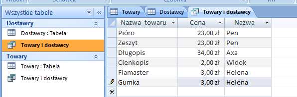 Wpisać dla Ceny kryterium: >20 5. Obejrzeć efekt wykonania kwerendy. 6. Wrócić do widoku projektu kwerendy. Wpisać dla Nazwy_towaru kryterium: k* Obejrzeć i wyjaśnić efekt wykonania kwerendy. 7.