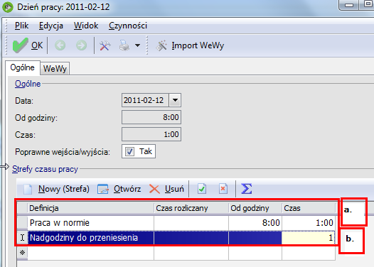 a. strefę Praca w normie pomniejszamy o taką liczbę godzin, jaką oddajemy w postaci wolnego w naszym przypadku z 8 na 6. b.