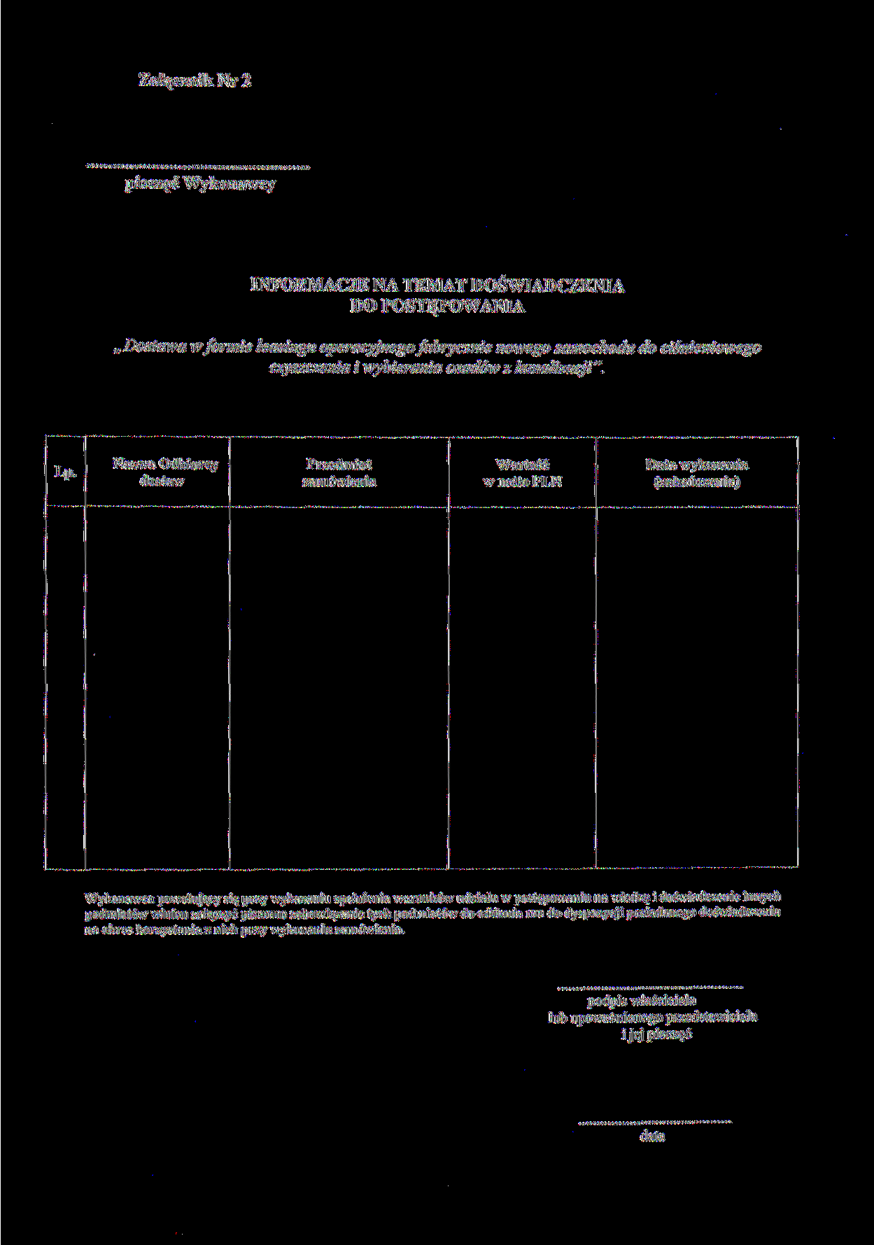 Załącznik Nr 2 INFORMACJE NA TEMAT DOŚWIADCZENIA DO POSTĘPOWANIA Dostawa w formie leasingu operacyjnego fabrycznie nowego samochodu do ciśnieniowego czyszczenia i wybierania osadów z kanalizacji". Lp.