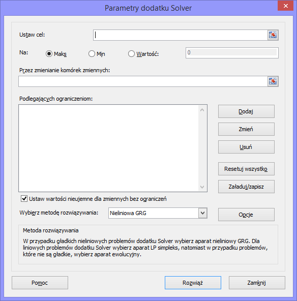 Rysunek 2 - Okno dialogowe Solver - parametry W tym przykładzie komórką celu (opcja Ustaw cel) jest komórka D6 oblicza ona całkowity zysk ze sprzedaży trzech produktów. 1.